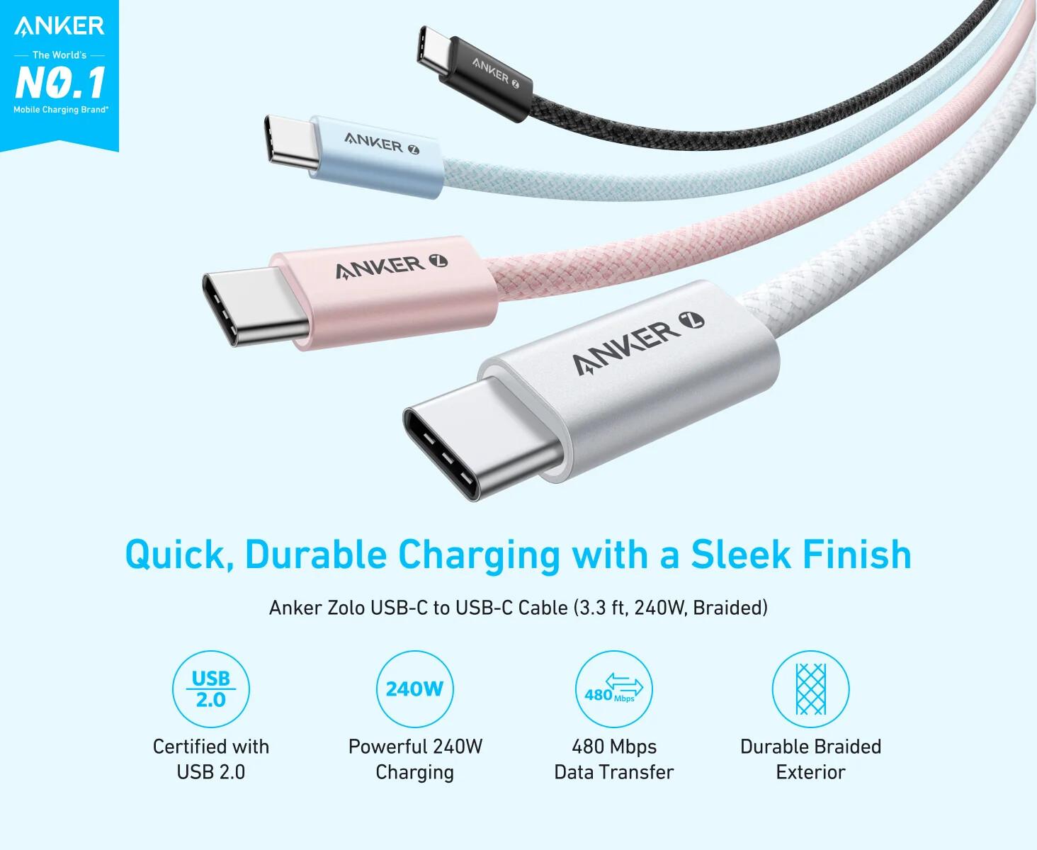 ANKER ZOLO USB-C TO USB-C CABLE (1M, 240W) WHITE (3.3FT) image 2