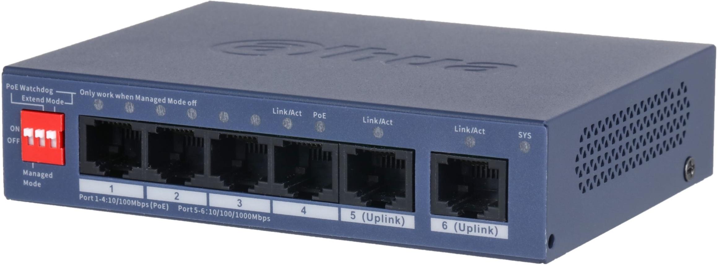 DAHUACS4006-4ET2GT-36 6-Port Cloud Managed Desktop Switch with 4-Port PoE (4X RJ-45 10/100 Mbps PoE ports), 2 x 10/100/1000 Mbps (uplink), 36W.