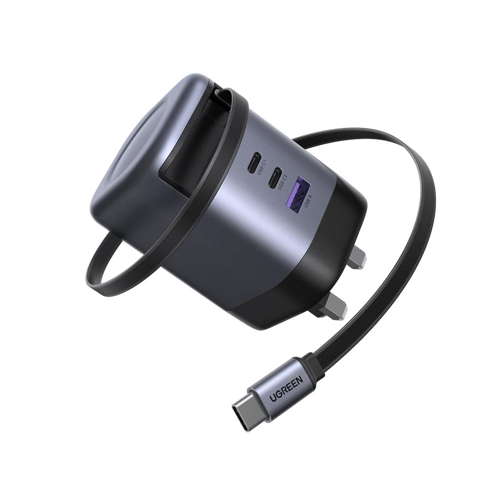 UGREEN X616 100W GaN Fast Charger UK with 1 × USB‑C with built‑in retractable cable/2*USB C & 1* USB A image 2