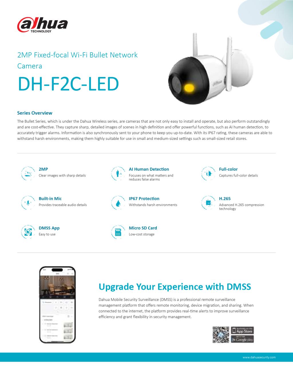 F2C-LED 2MP Fixed-focal Wi-Fi Bullet Network Camera, RJ45 Ethernet & wifi connectivity, Micro SD card (support max. 256 GB), built in mic, built in...