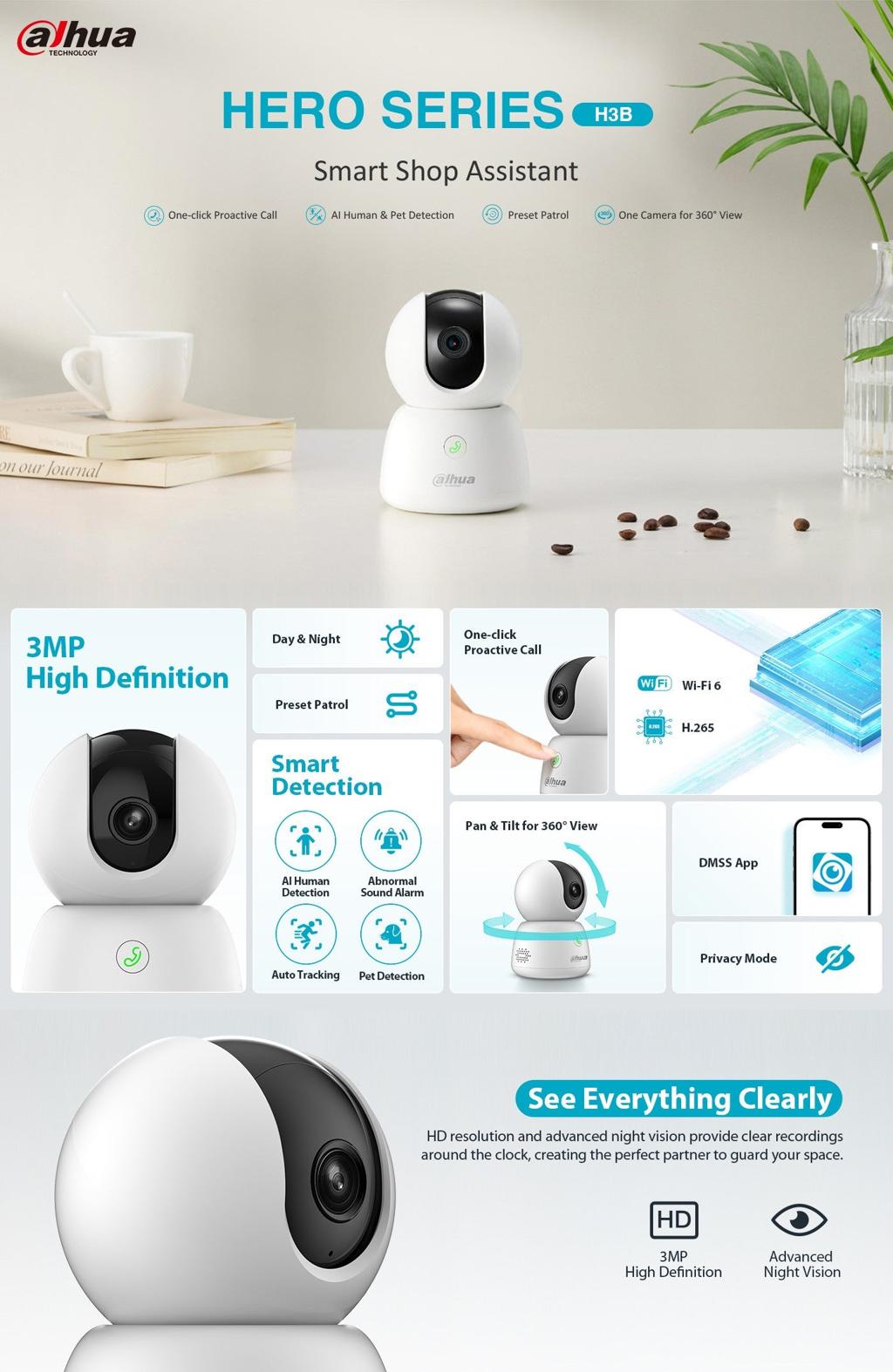 H3B 3MP Indoor Fixed-focal Wi-Fi Pan & Tilt Network Camera, RJ45 Ethernet & wifi connectivity, Pan: 0° to 350°,  Micro SD card (256 GB),  built in...