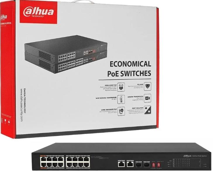 DAHUA CS4218-16ET-135 18-Port Cloud Managed Desktop Switch with 16 × RJ-45 10/100/1000 Mbps PoE, ports, 2 × RJ-45 10/100/1000 Mbps (uplink), 2 × SF...