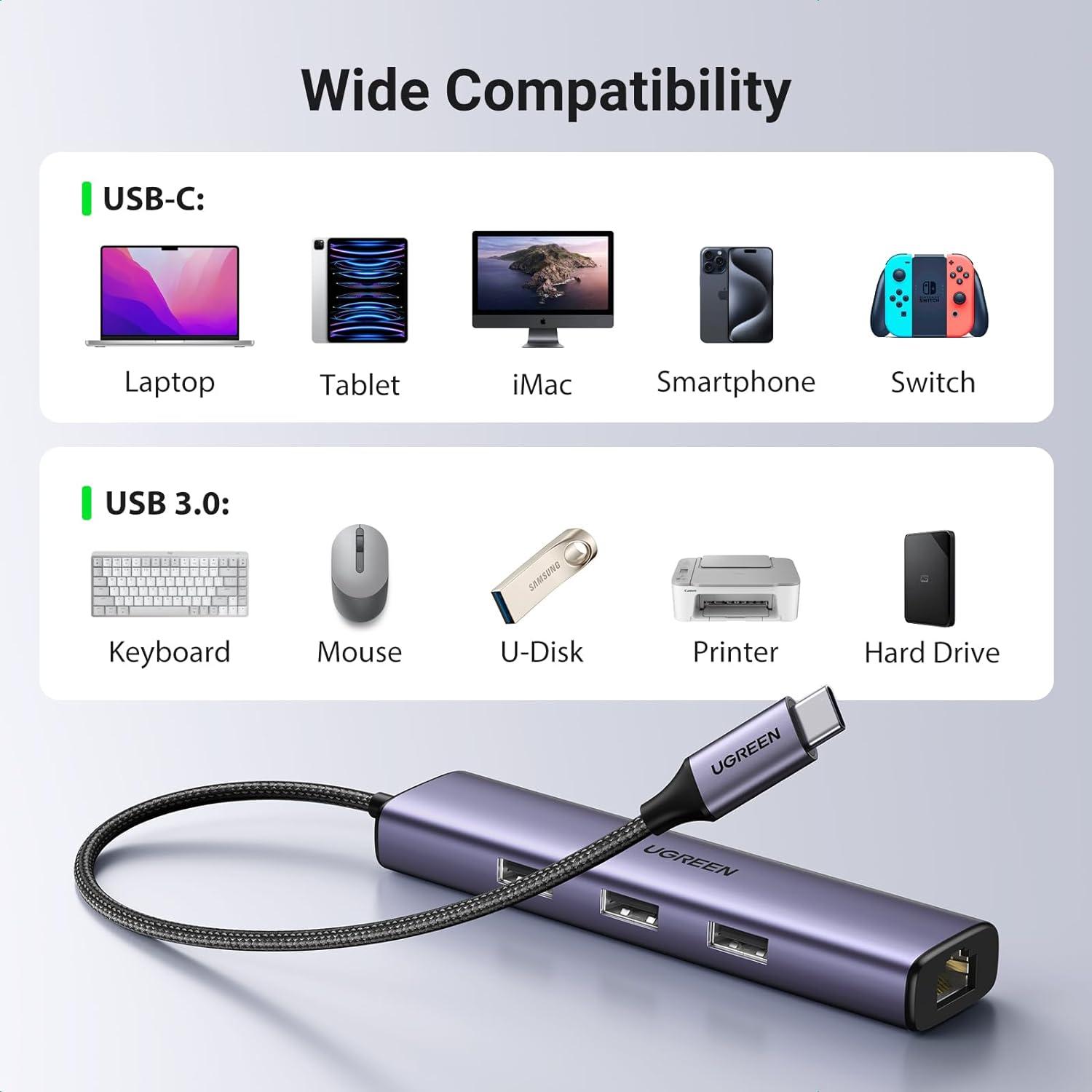 UGREEN CM475 USB 3.0 to 3-Port USB Hub with Gigabit Ethernet Adapter