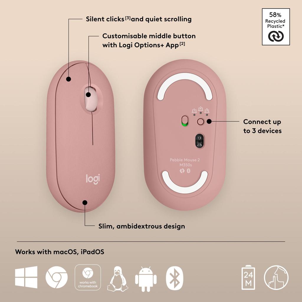 Logitech M350S Pebble 2 Bluetooth Mouse - Tonal Rose (Dongless)