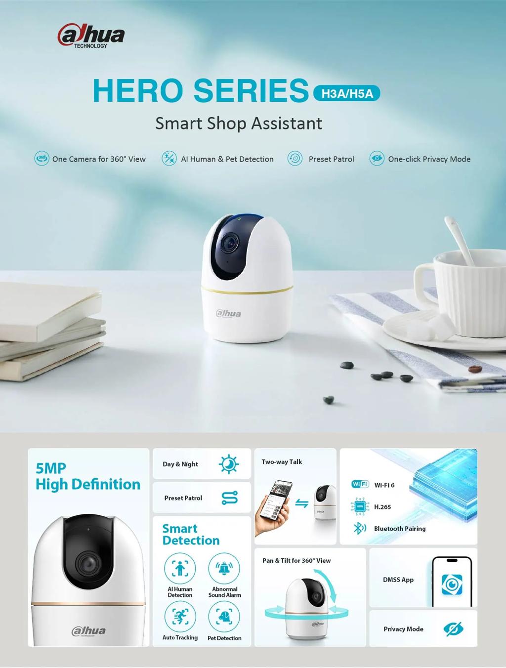 H3A  3MP Indoor Fixed-focal Wi-Fi Pan & Tilt Network, RJ45 Ethernet & wifi connectivity, Micro SD card (up to 256 GB) built in mic, built in speake...