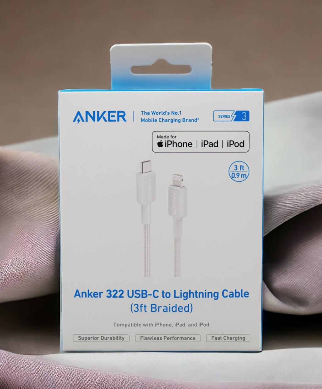 ANKER 322 USB-C TO LIGHTNING CABLE (3FT BRAIDED) WHITE