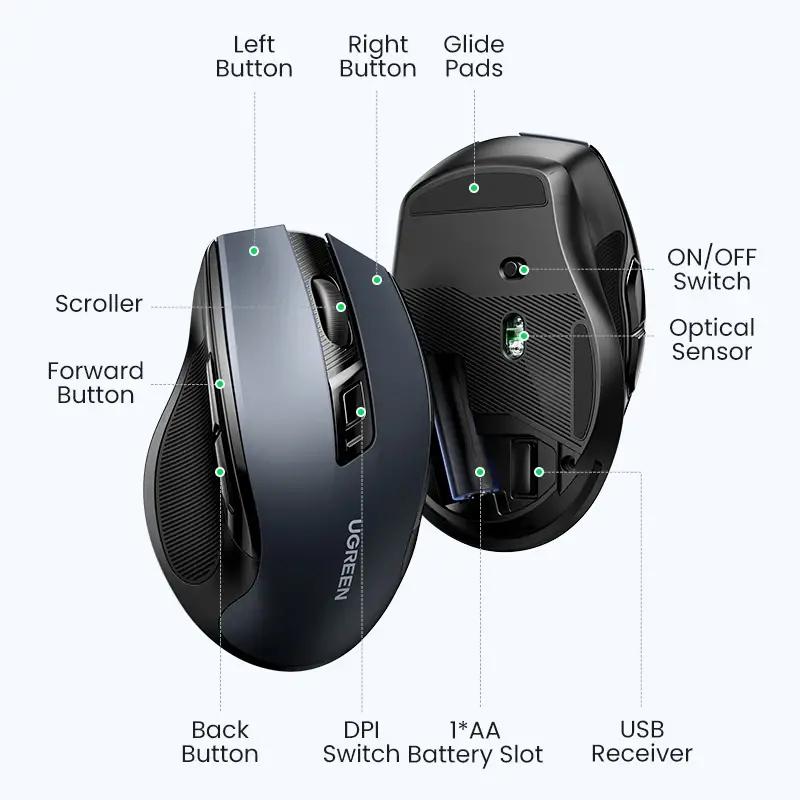 UGREEN MU006 Ergonomic Bluetooth Wireless Mouse 2.4G Wireless & Bluetooth - Black