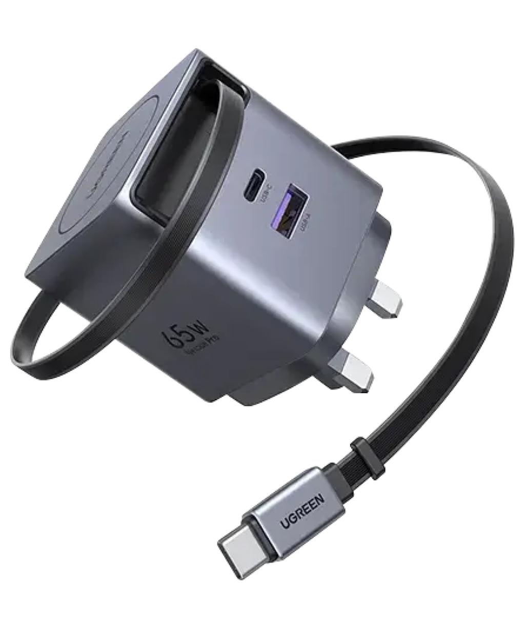 UGREEN X615 65W GaN Fast Charger UK with 1 × USB‑C with built‑in retractable cable/1*USB C & 1* USB A image 3
